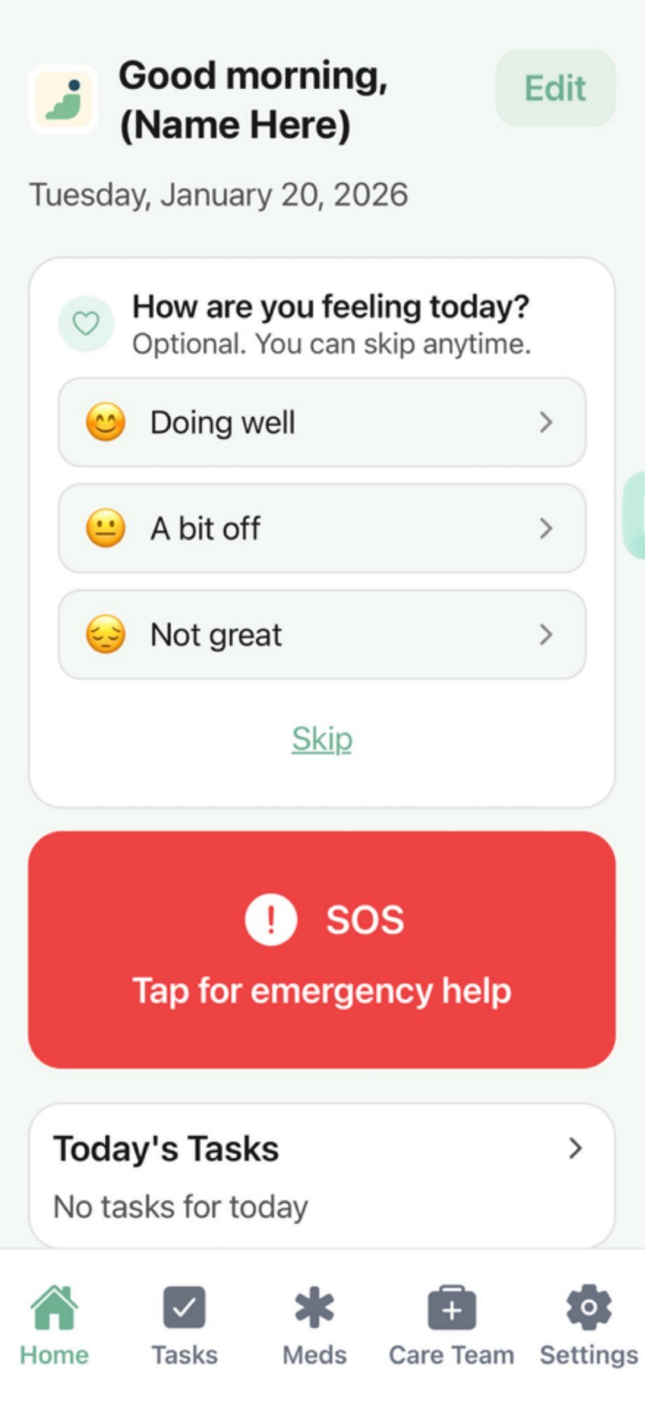 SteadiDay app home screen